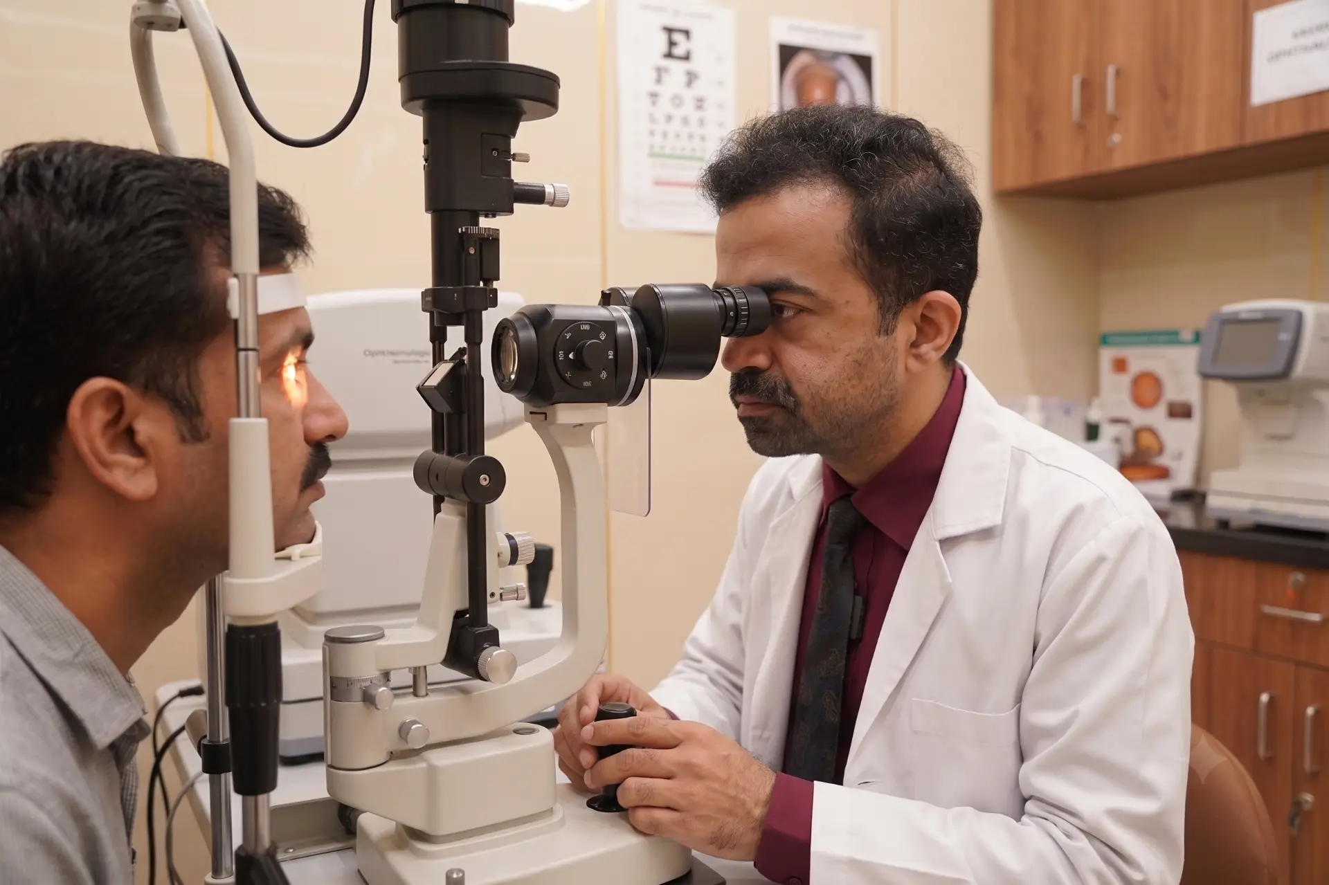 Dr. Abdul Basit, Chief Consultant Ophthalmologist, examining a patient at the slit lamp in Lahore
